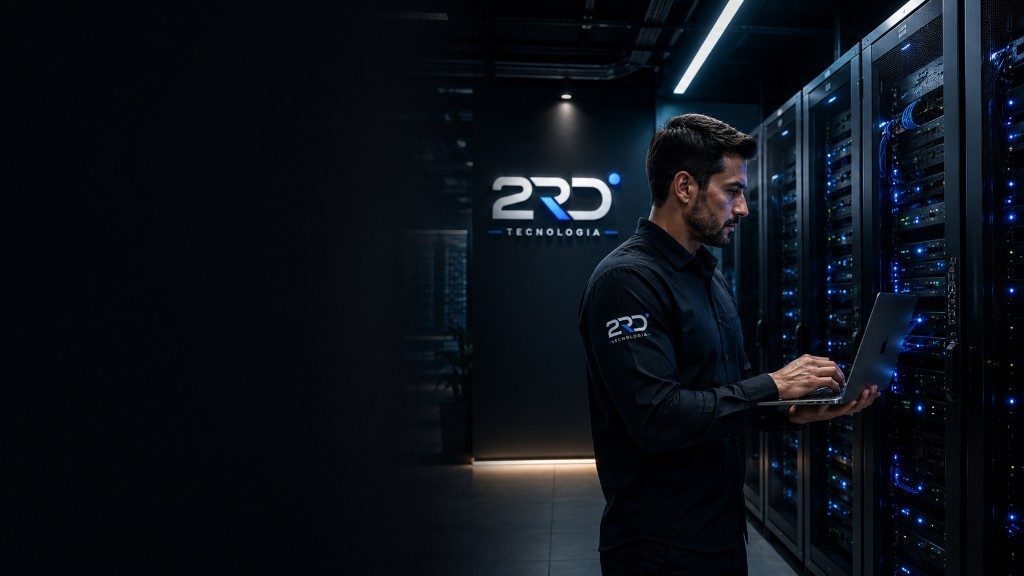 Técnico da 2RD com notebook em datacenter, com o logo da empresa na parede