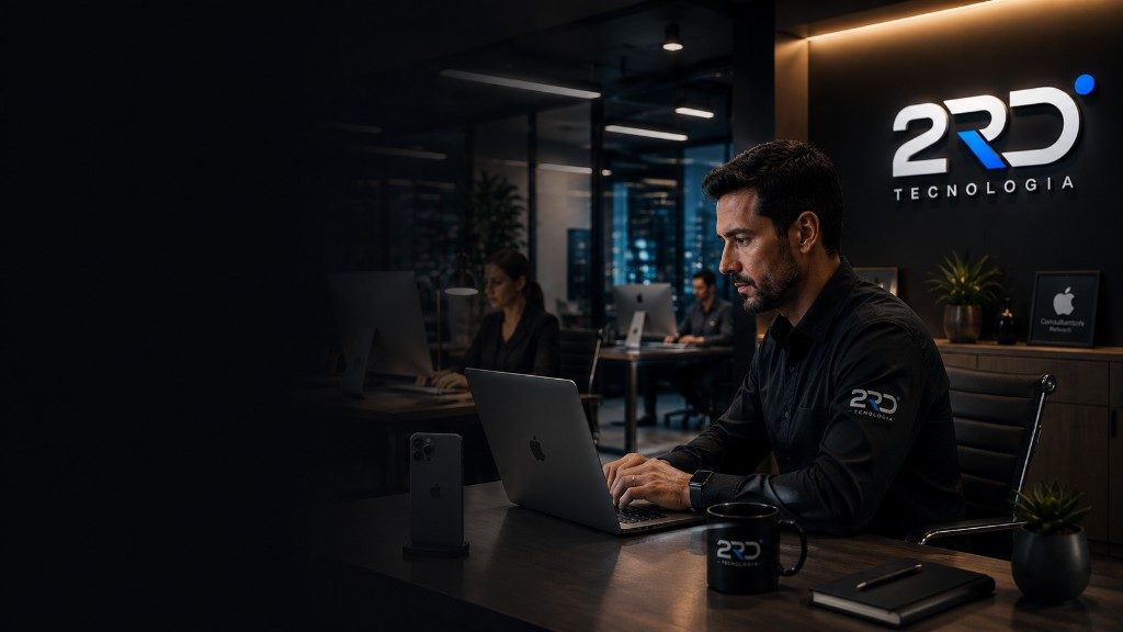 Escritório Apple Business da 2RD com MacBook, iMacs e placa Apple Consultants Network
